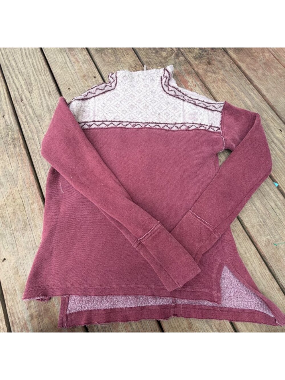 Free People Burgundy Knit Pullover With Fair Isle Yoke Detail Womens Size XS